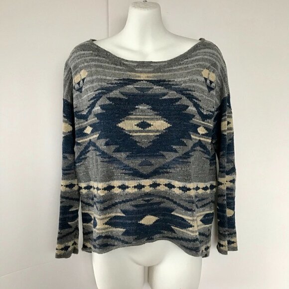 RALPH LAUREN Cotton Southwest Tribal Print Pullover Sweater blues greys cream M - Picture 2 of 14